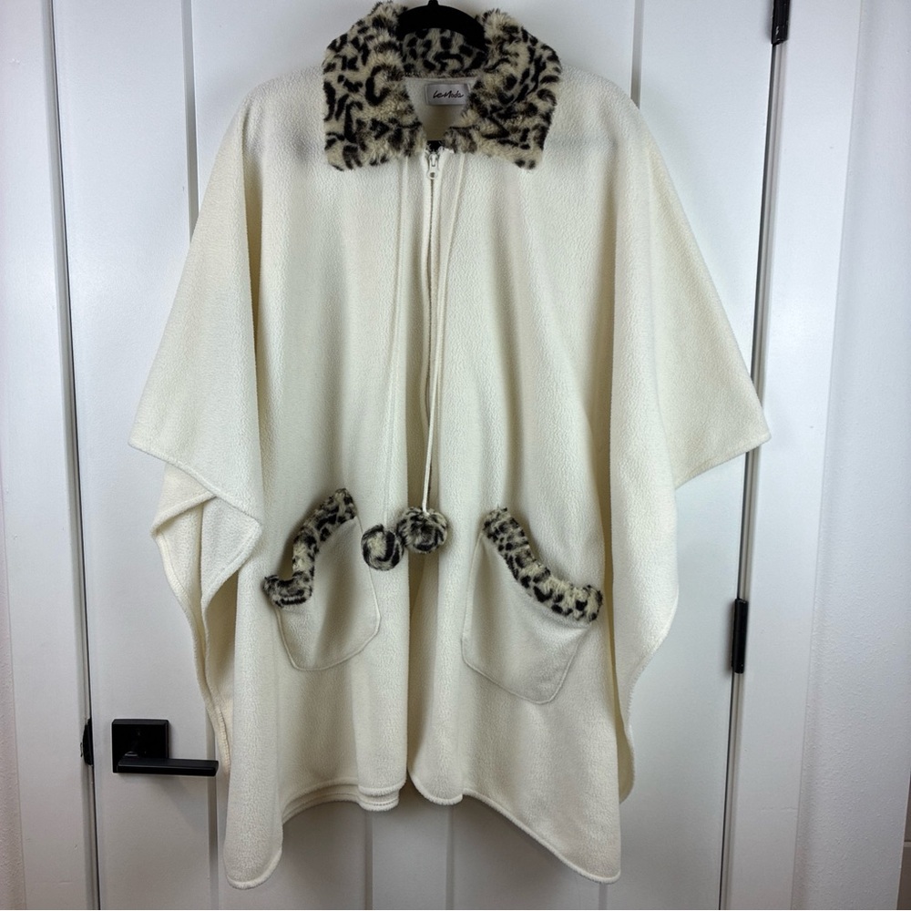 LeMode Leopard Trim Cream Cape Poncho One Size